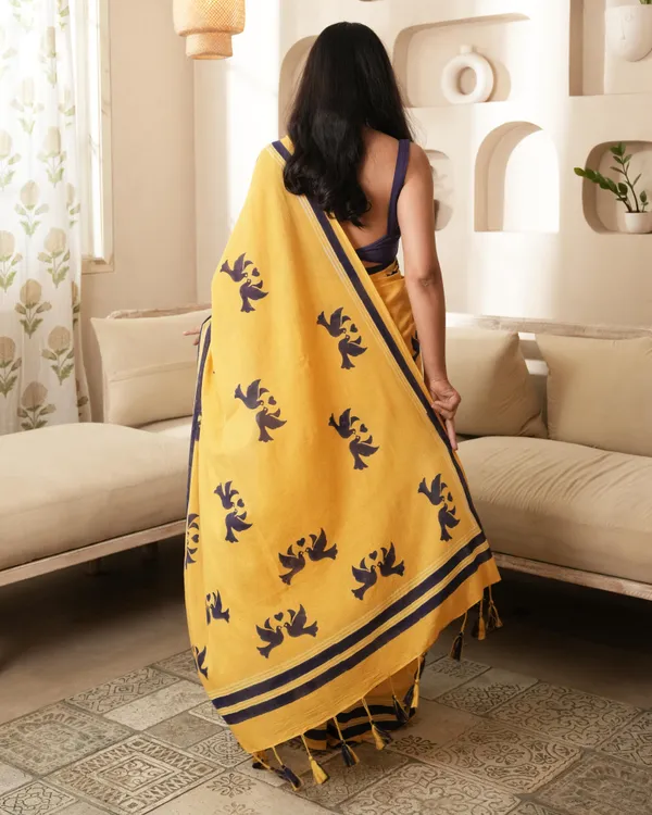 Yellow_Cotton_Lovebird_H_Block_Printed_Mul_Saree_With_Tassels_For_Women